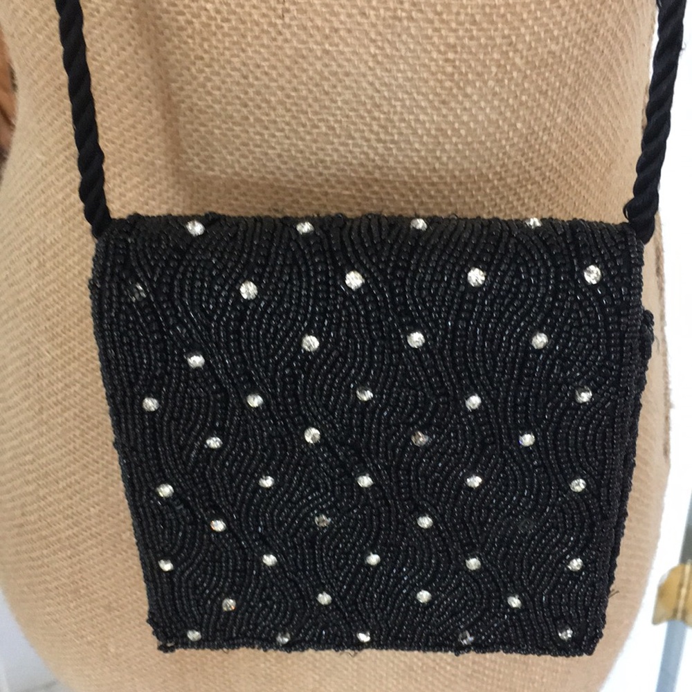 All over Black Beaded Evening Purse w/Rhinestones adorning the front fold over